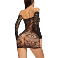 women fishnet long sleeve off shoulder bodysuit sexy lingerie clubwear mini dress