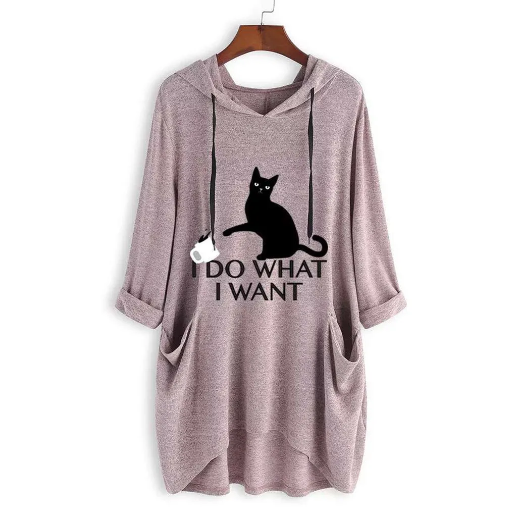 

Women Hooded Tops Blouses Casual Print Cat Ear Hooded T-Shirt Long Sleeves Pocket Irregular Sweatshirts Loose Tops femme blusas