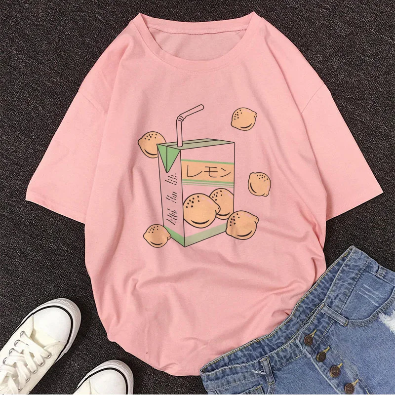 

Women's casual T-shirt peach juice Japanese animation grunge Harajuku Kawaii pink summer printed chic clothing