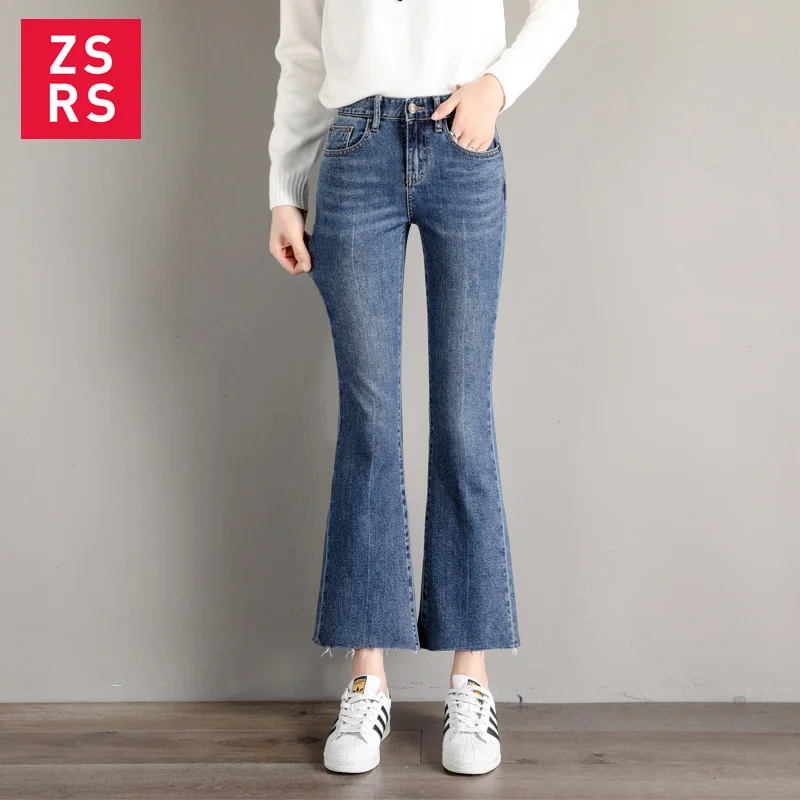 

Zsrs new hot sell Woman Blue Flare Hem Skinny Jeans Long Denim Trousers Vintage Pants 2020 Autumn High Waist Stretch Jeans