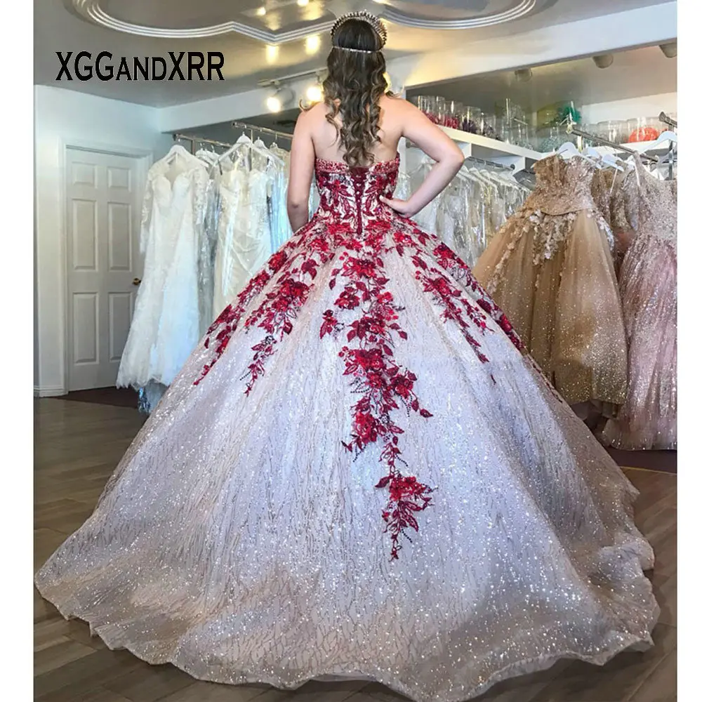 

Luxury Ball Gown Quinceanera Dresses 2020 Sweetheart Red Lace Appliques Beaded Sweet 15 16 Dress Corset Back Pageant Gown