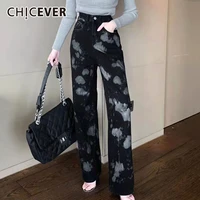 chicever tie dye denim pants for women high waist patchwork pockets straight casual jeans female spring fashion new 2021 tide