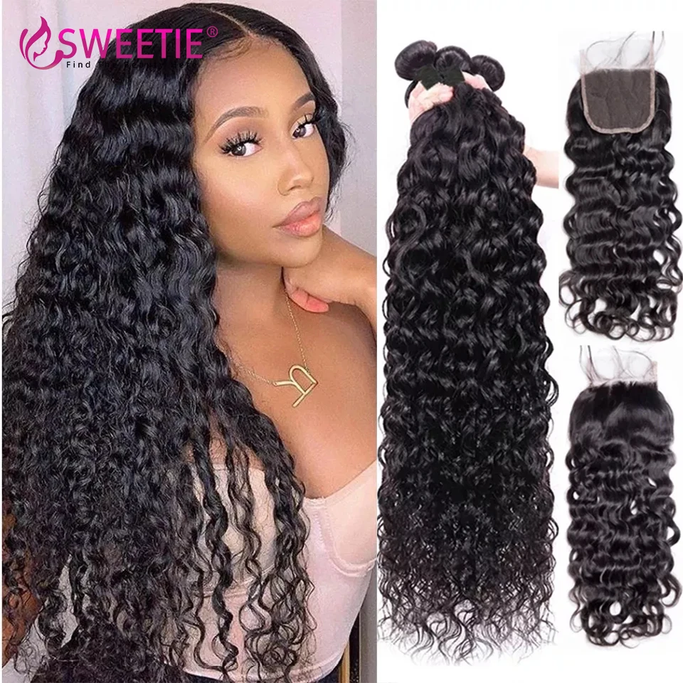 

Water Wave Bundles With 4x4 Closure 5x5 HD Transparent Lace Closure With Bundles Deep Wave Remy Hair Weave Extensions 30Inch