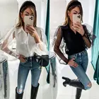 Женская прозрачная сетчатая блузка, прозрачный топ с длинным рукавом, блузка, модная прозрачная белая рубашка на пуговицах с жемчугом, женские блузы