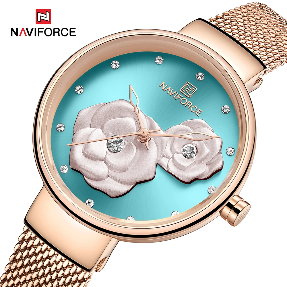 NAVIFORCE роскошные женские часы Rosegold 3D цветок кварцевые Дамская мода наручные