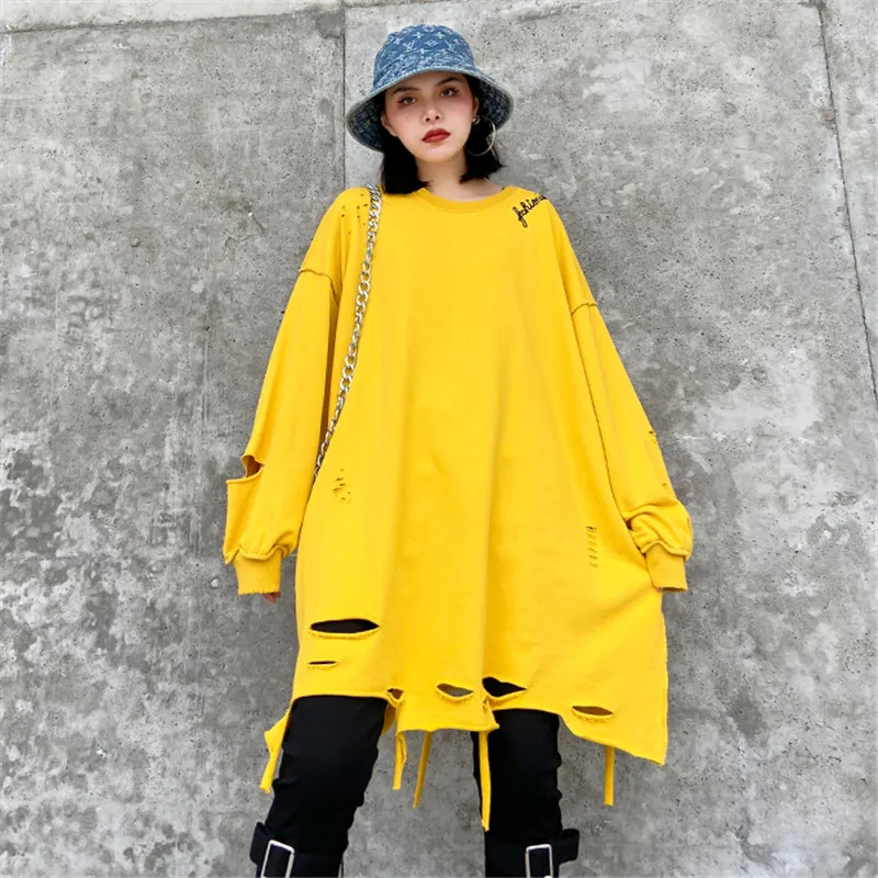 

Johnature 2021 Autumn New Long Women Sweatshirts Casual Fashion O-neck Loose 6 Colors Hollow Out Irregular Female Hoodies