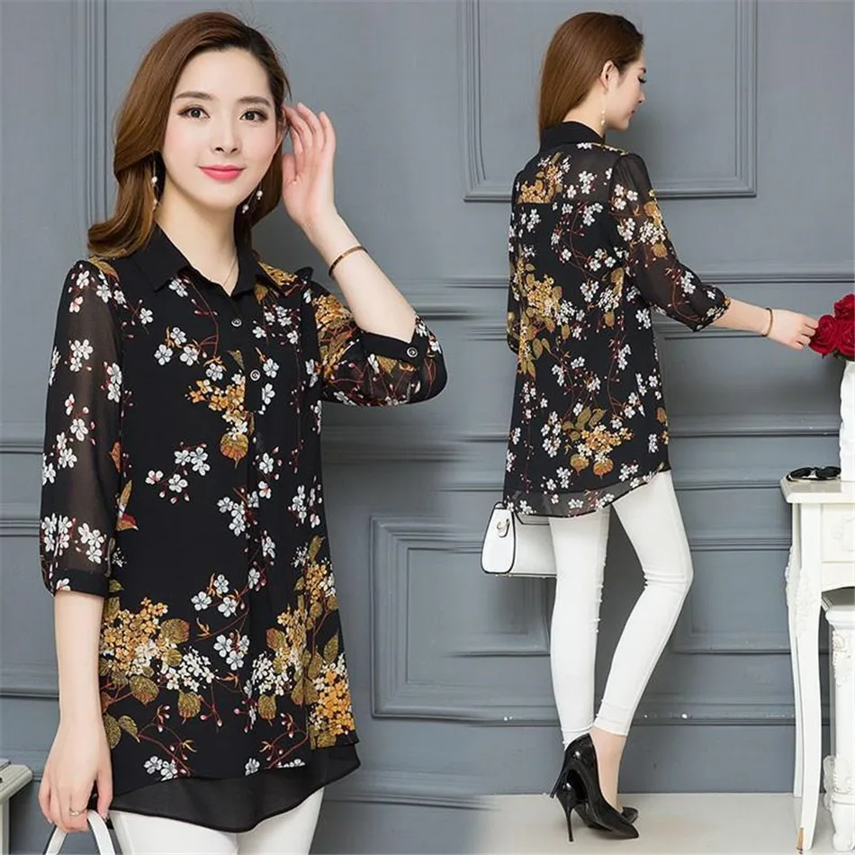 

Женская шифоновая блузка на пуговицах, Повседневная Свободная блузка с принтом, воротником с оборками и рукавом до локтя, MM1005, на лето
