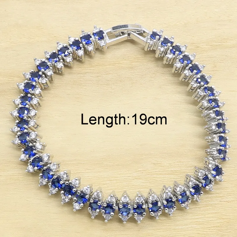 Classic Blue Semi-precious Silver Color Bridal Jewelry Sets For Women Necklace Earrings Ring Pendant Bracelets Gift Box | Украшения и