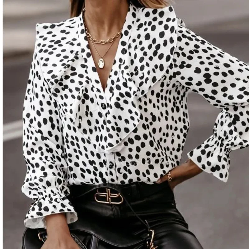 

Women Summer Leopard Blouse Fashion Long Lantern Sleeve V-neck Ruffles Shirts Casual Loose Top Blusas Mujer