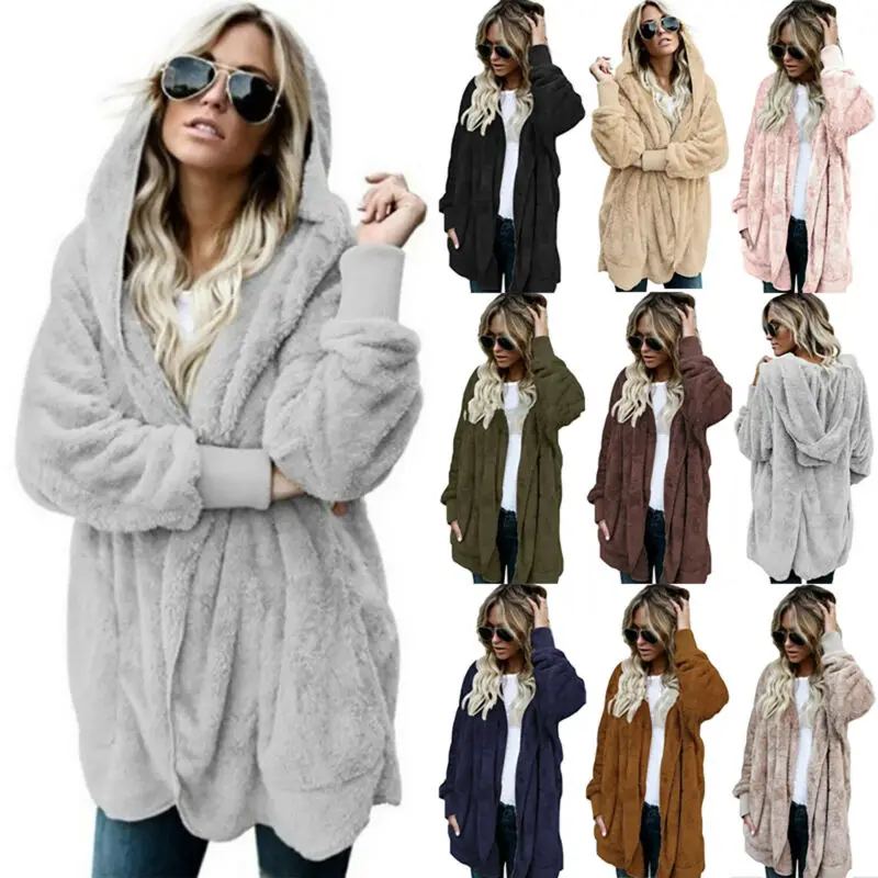 Женское пальто из искусственного меха теплое пушистое с плюшевым мишкой длинным