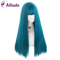 ailiade long straight blue wigs natural synthetic hair with bangs heat resistant wigs for women girls cosplay lolita party