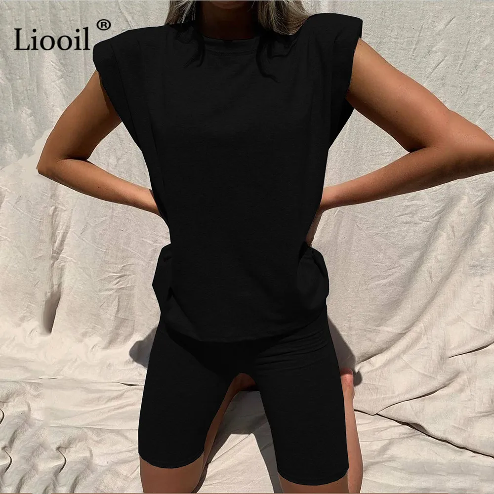 

Black White Two Piece Set T Shirts And Shorts Women 2021 Sleeveless O Neck Straight Leg Ladies Summer Casual Loose Outfits