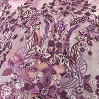 purple handmade beaded flowers embroidery guipure cord lace fabric french tulle mesh for nigerian elegant party dresses material