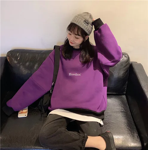 Velvet Casual Letter Pinted Striped O-neck Patckwork Halajuku Simple Winter Warm Female Women Long Sleeve Sweatshirts | Женская одежда