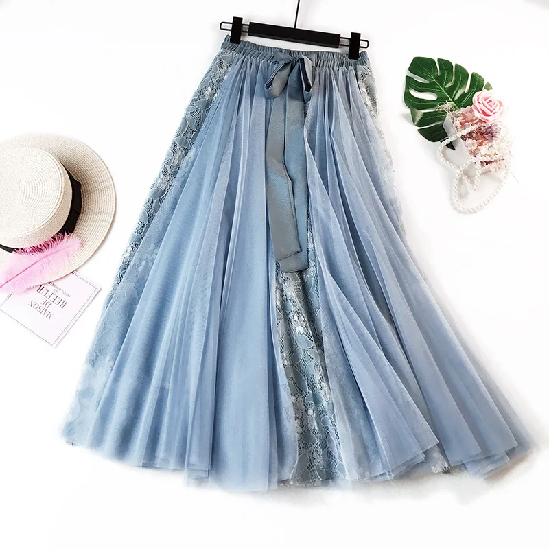 

Spring Summer New Mesh Skirt 2021 Korean Women Ladies Lace Patchwork Long Skirt WF0034 Pink Apricot Blue Black Skirt with Bow