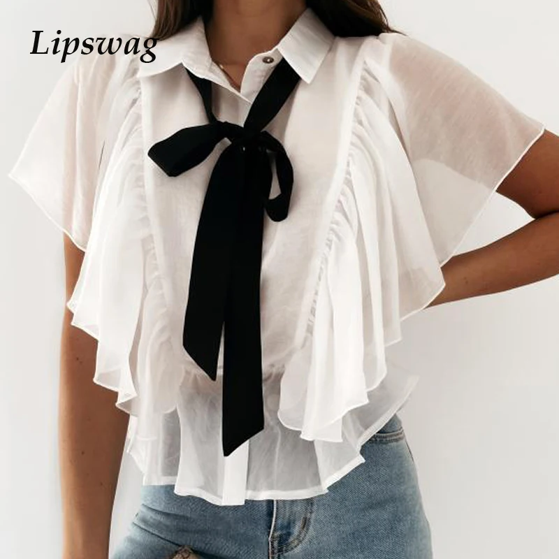 

Summer Casual Solid Color Chiffon Blouse Shirts 2021 Women Elegant Butterfly Sleeve Ruffle Pullover Tops Lady Sexy Bowknot Blusa