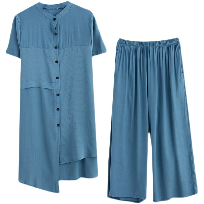 

IEQJIEQJ 2021 New Summer Fashion Women Clothes Round Neck Short Sleeves Single Breasted Asymmetrical Shirt Loose Pants Set WR509