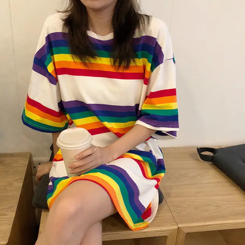 h Новинка, женская футболка, радужные полосатые топы, Harajuku, футболка,, летняя, короткий рукав, Корейская, панк, футболка, свободная, camiseta feminina - Цвет: h