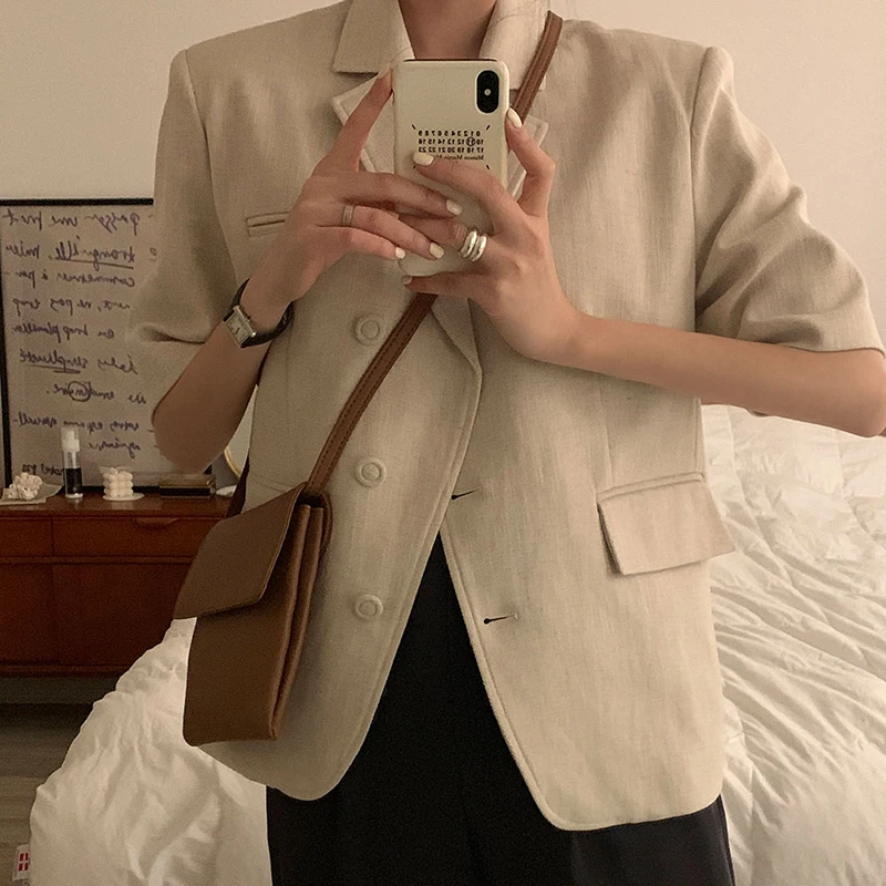 

Summer Short Sleeve Women Jacket Single Breasted Blazer Feminino Korean Style Loose Cardigans Casual Khaki Thin Coat Vintage