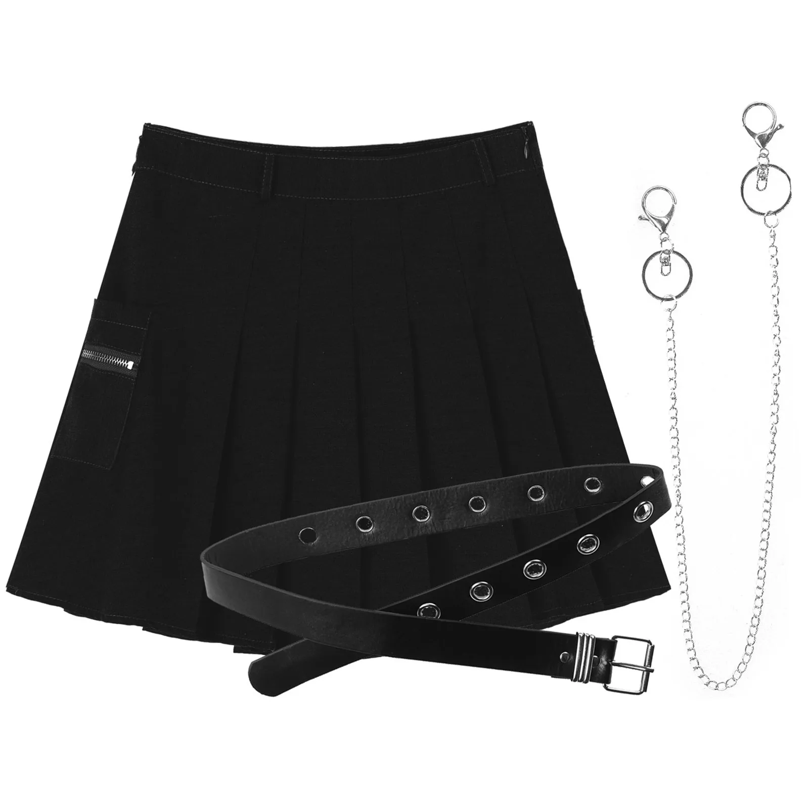 

Black High Waist Belted Chain Punk Gothic Skirts Women School Girls Slim Fit Harajuku Pleated Miniskirt with Pocket Streetwear