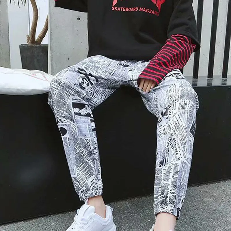 

2020 Fashion Elastic Drawstring Waist Hip Hop Pants Chic Newspaper Printed Harem Trousers Loose Pencil Pants Streetwear