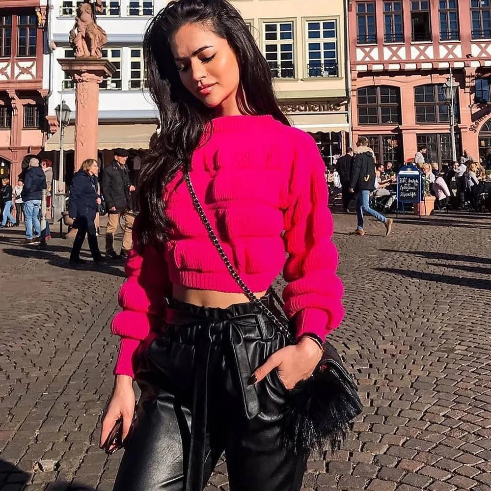 

2019 Autumn Winter New Fluorescent Solid Color Long-sleeved Round Neck Sweater Women's Shirt Luxury Women Sweaters Designer