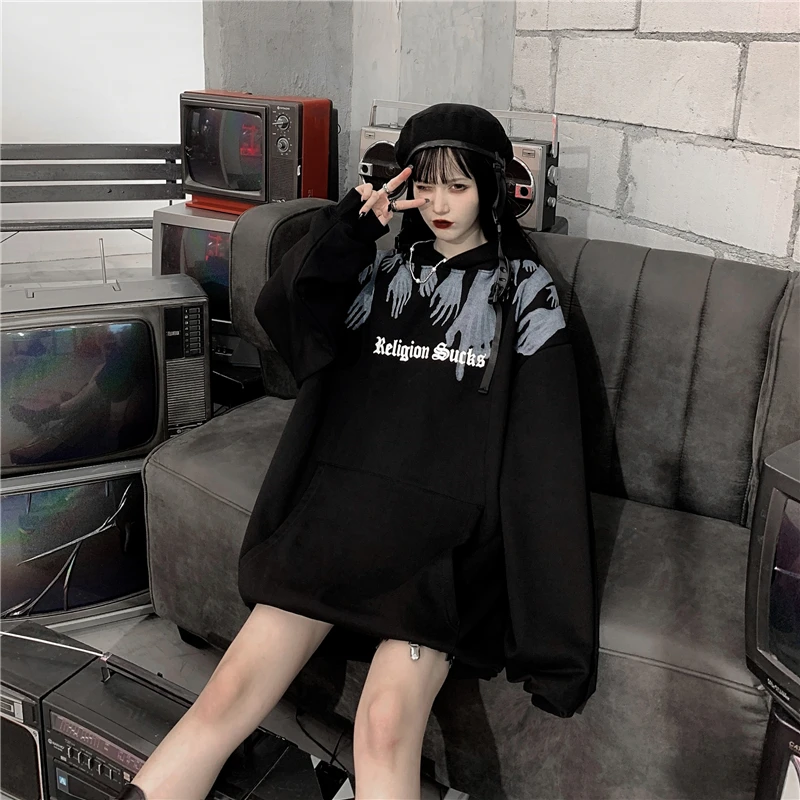 

YTX060 2021 spring new Harajuku style personality dark print casual loose mid-length hooded Sweatshirts women