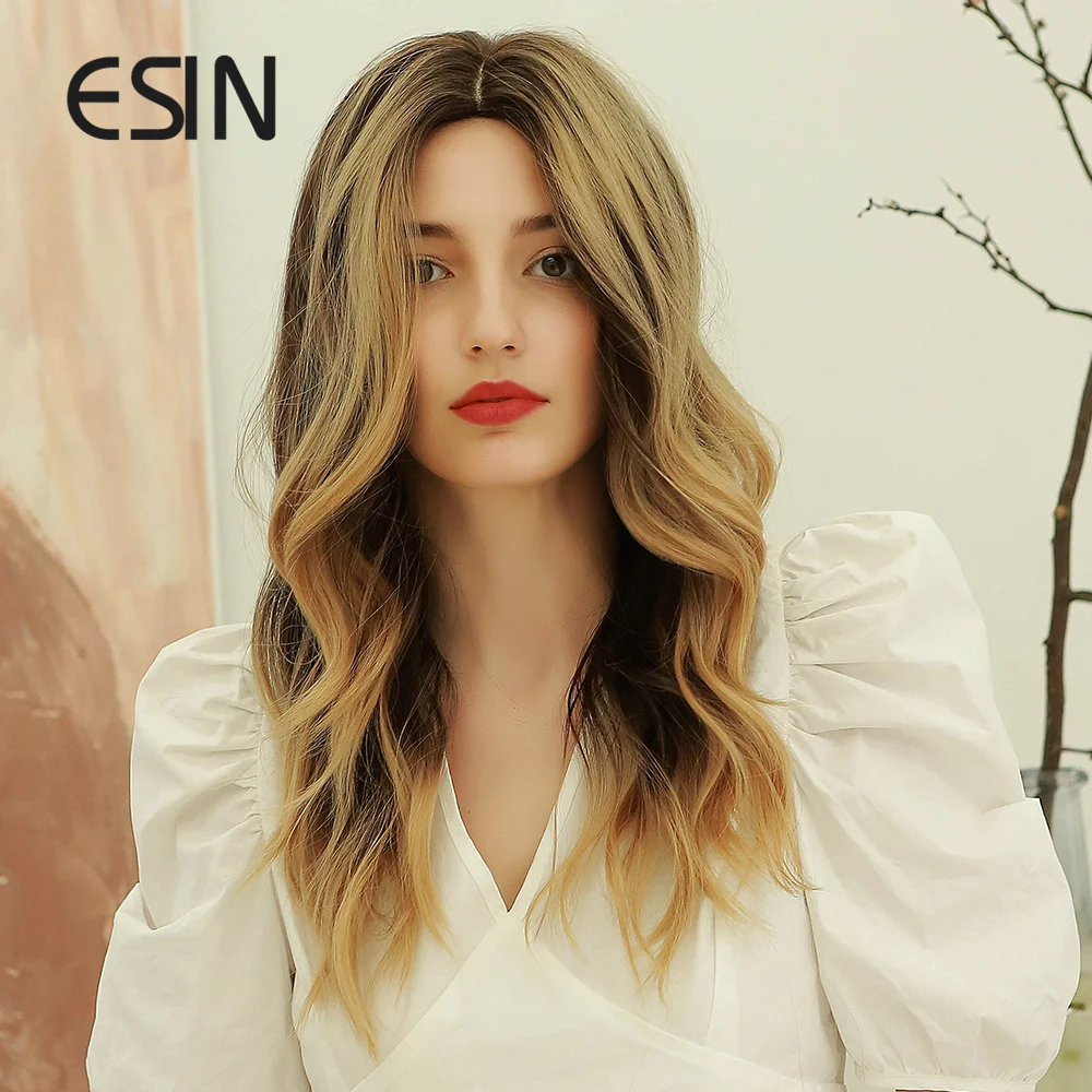 ESIN 24 дюйма длинные волнистые парики для женщин темно коричневые синтетические с