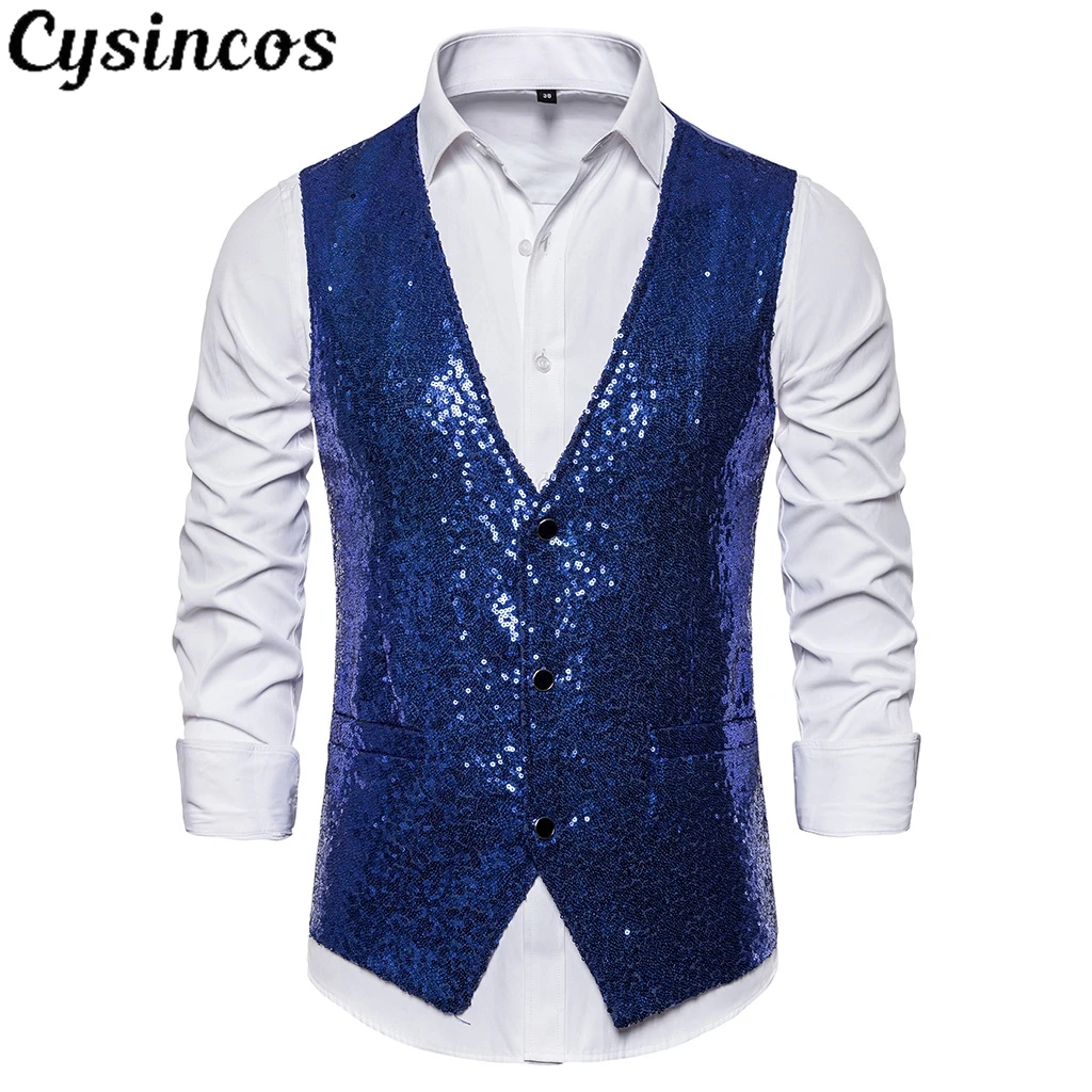 Мужской блейзер с блестками CYSINCOS блестящий Блестящий жилет для ночного клуба