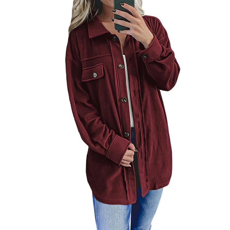 

Autumn Women's Long Sleeve Basic Shirt Solid Color Casual Coats Turn Down Collar Buttoned Women Coat