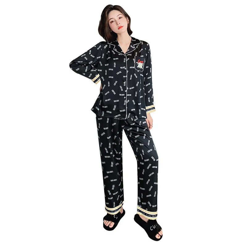 

new products fall ice han edition letter emulation silk silk pajamas women long sleeve leisurewear suit wholesale