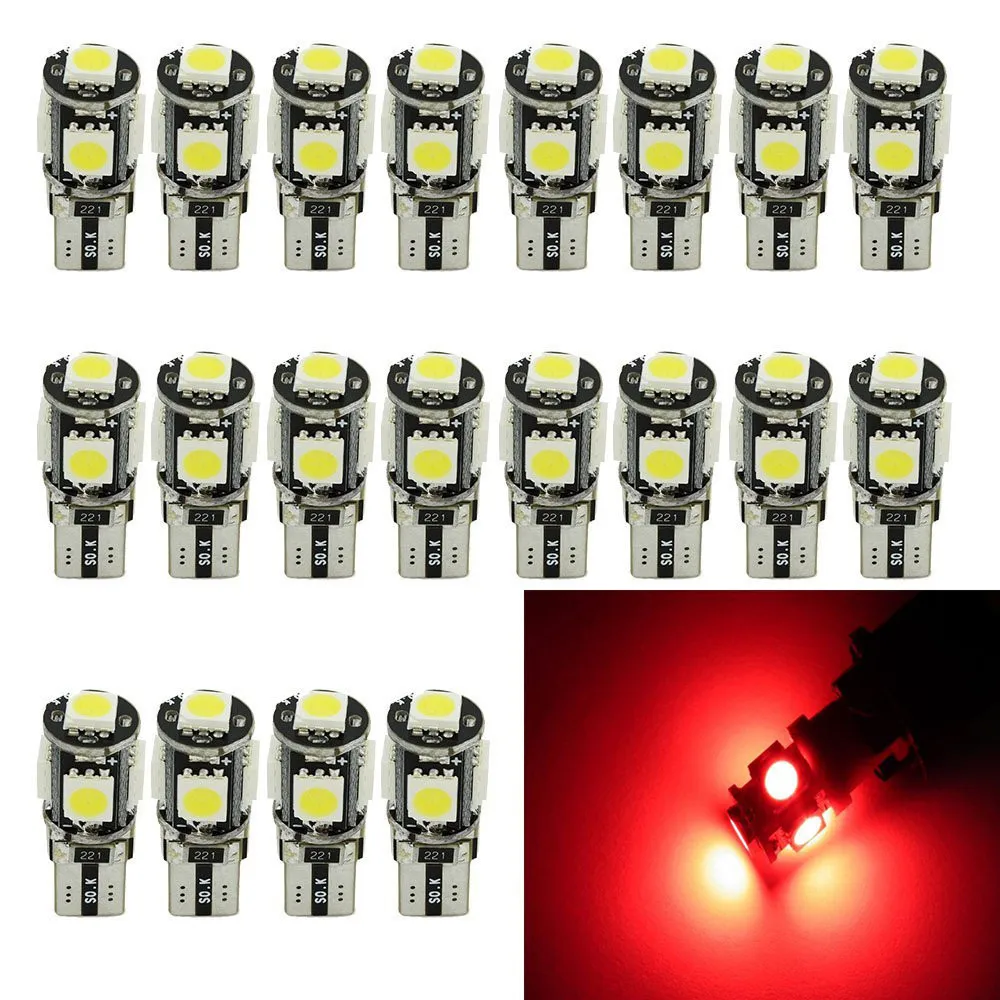 

20PCS Red T10 W5W 5050 5SMD LED Canbus Error Free Bulbs For 192 168 194 Clearance Lamps License Plate Lights 12V