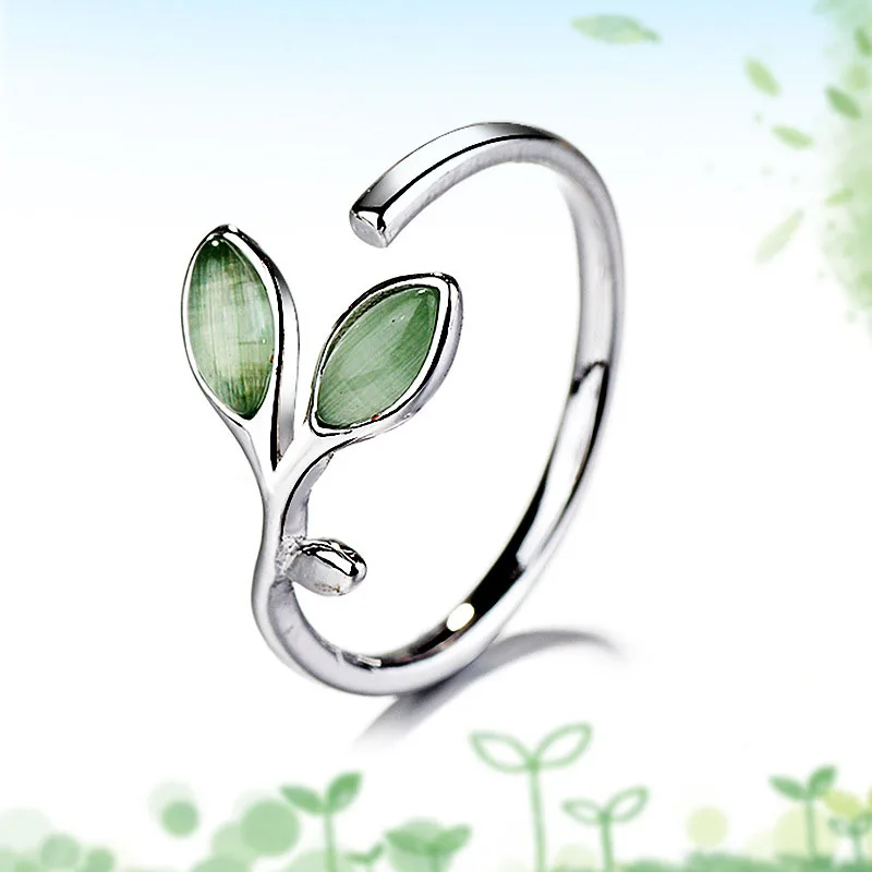 

Fashion Green Leaf Opening Rings Silver Color Metal Cocktail Ring For Women Vintage Creative Adjustable Ring Finger Jewelry Gift