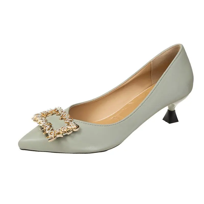 

High heeled shoes pointed fashion metal square buckle shallow mouth cover foot thin heel professional single shoes women's shoes