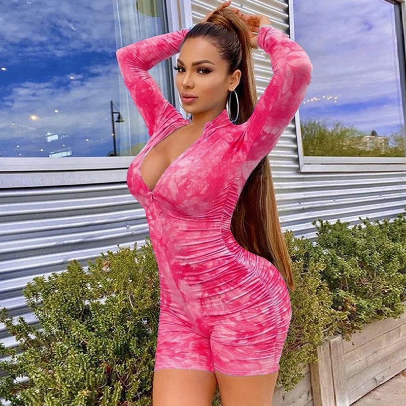 

2020 Women Autumn Fashion Sexy Long Sleeve Print Zipper Blue Hot Pink Sport Rompers High Street Lady Playsuits