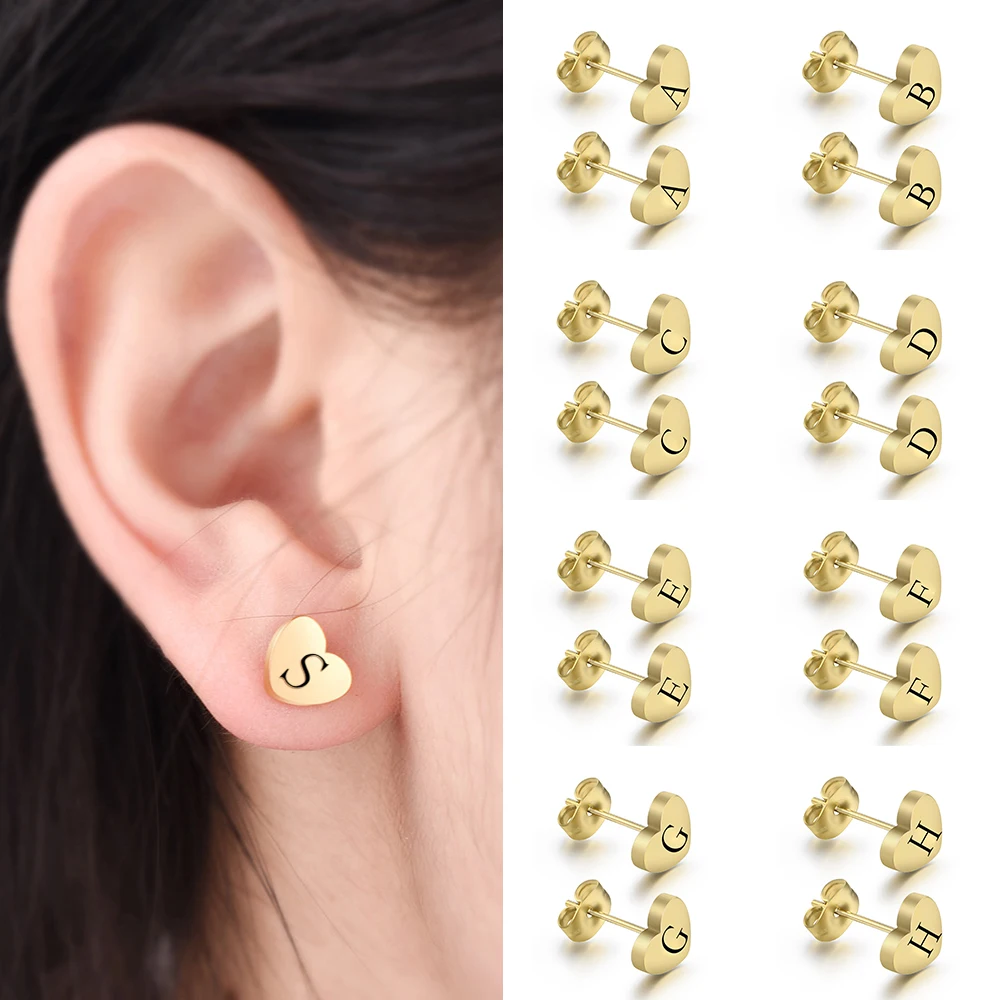 

Heart Shape Initial Letter Stud Earrings Unisex Stainless Steel Gold Earrings for Women Men Couple Jewelry Fashion Accessories