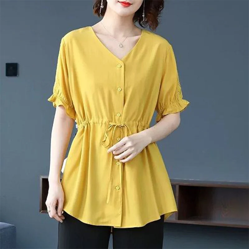 

Fashion Women Spring Summer Style Blouses Shirt Lady Casual Short Sleeve V-Neck Solid Women's Casual Loose Tops DF3515