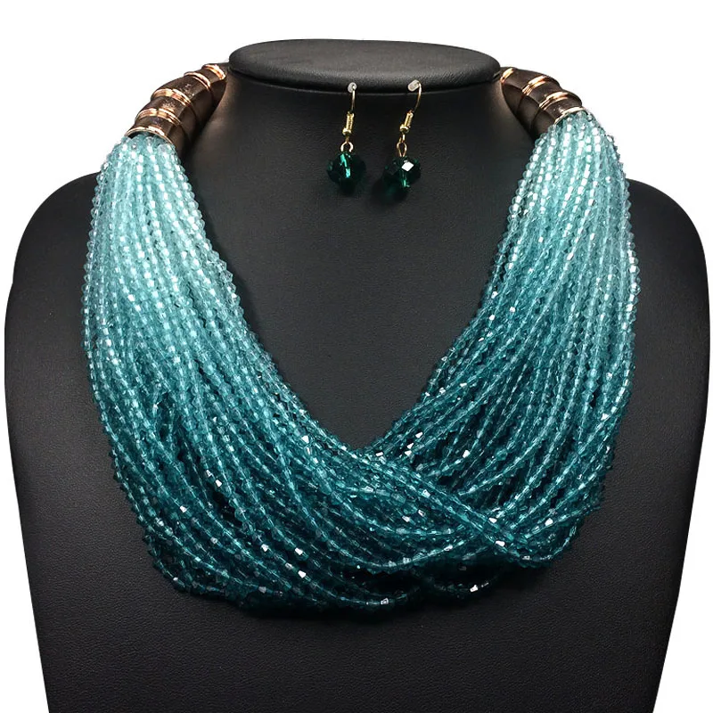

Fashion Women Jewelry Set Hyperbole Multi Layer Gradient Colour Resin Beads Pendants Necklace Earrings Jewelry Set for Women