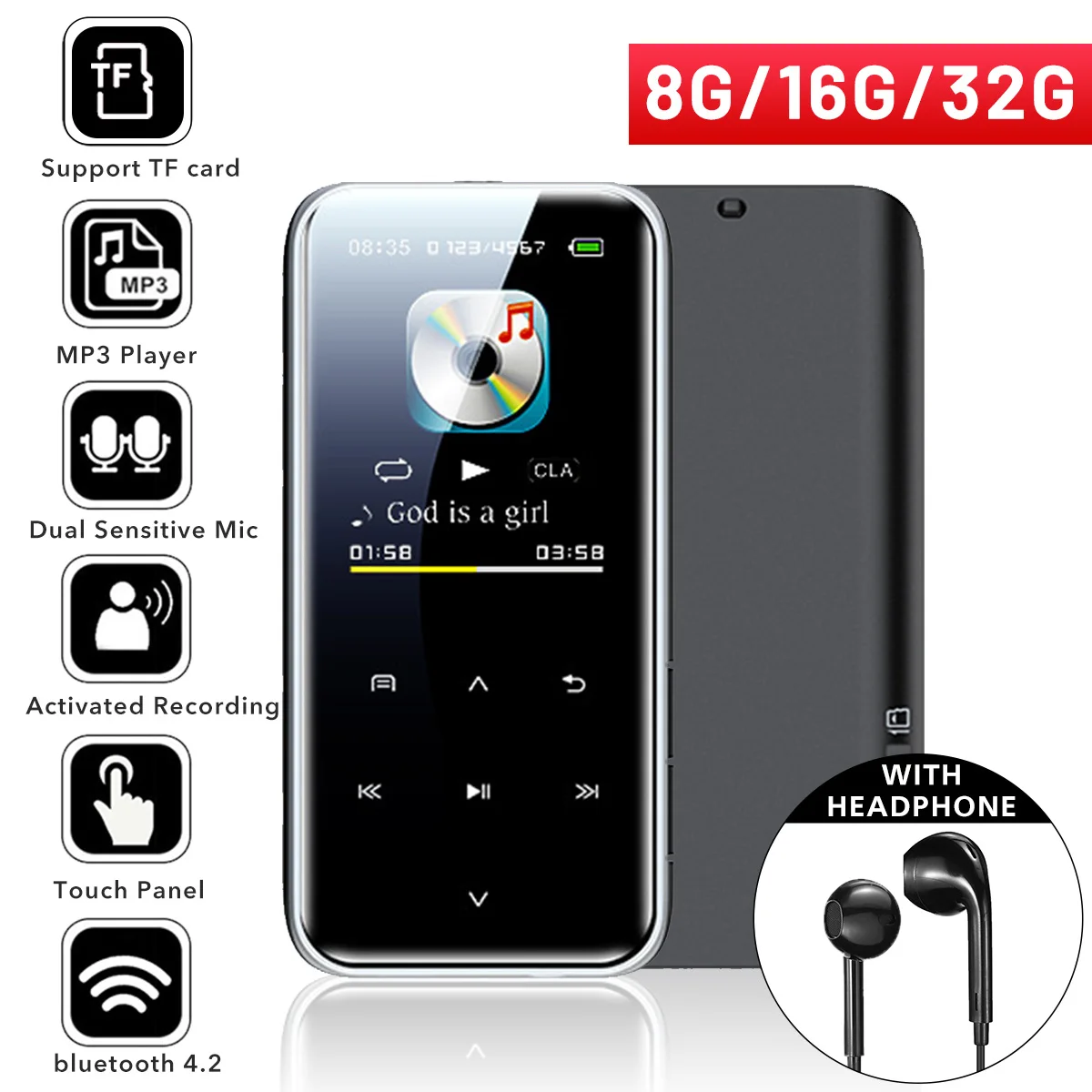 

Bluetooth MP3-плеер с сенсорной клавишей, встроенный 8 ГБ, 16 ГБ, 32 ГБ