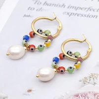 go2boho turkish evil eye earring beads women boho jewelry stainless steel hoop natural pearl handmade earrings