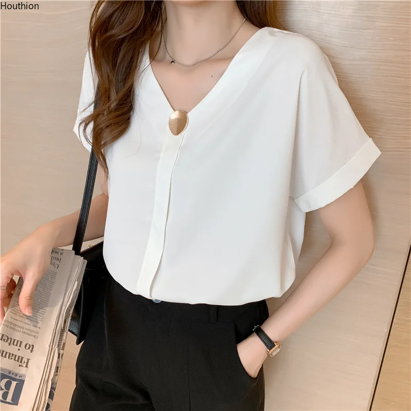 

Chiffon Slim Women's Blouses New Casual Blouse Solid Metal Sheets V-neck Shirt Fashion Short Sleeve Top Summer 30059