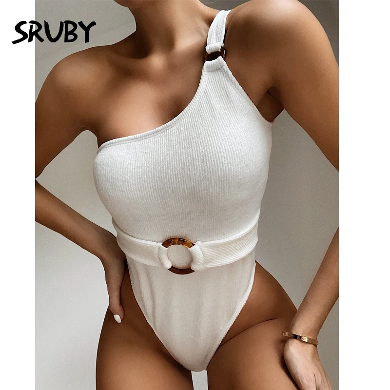 Белый боди на одно плечо сексуальное с открытой спиной поясом женский комбинезон