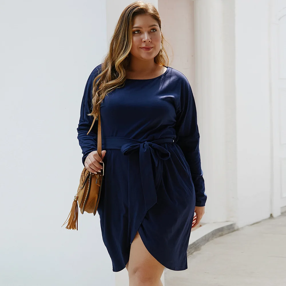 

Женское короткое платье, Осеннее однотонное платье с круглым вырезом и длинным рукавом, с высокой талией, размера плюс