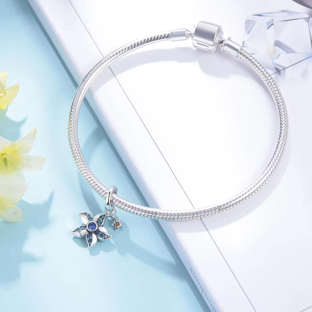 GW 100% 925 пробы Серебряная Морская звезда Серебряный Шарм Синий CZ Подходит для