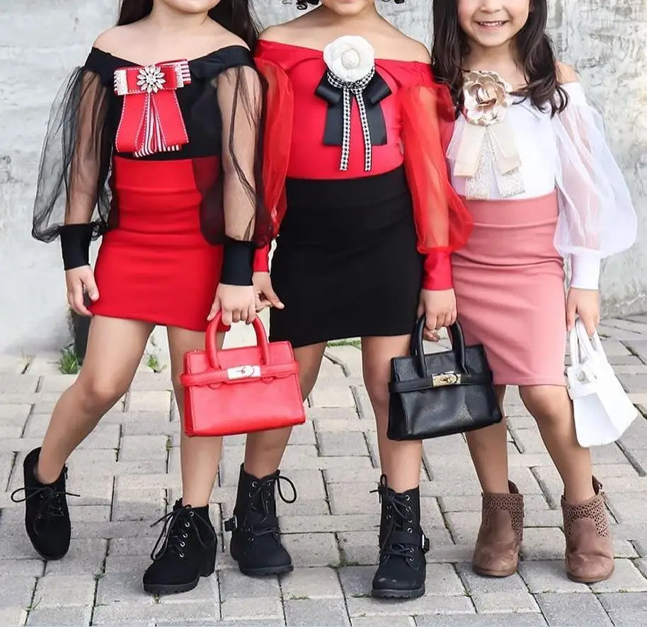 2020 элегантные Детские комплекты одежды для девочек топы с открытыми плечами