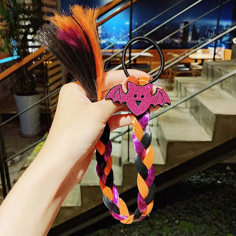 

CN 7 Pcs/lots Halloween Wig Pigtail Elastic Hair Bands For Girls Glitter Bat Pumpkin Hair Bows Baby Festival Hair Accessories