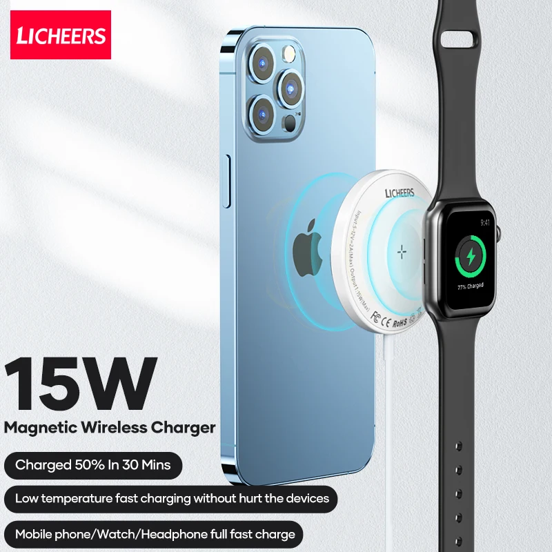 LICHEERS Magnetic Wireless Charger Phone Charger 15W 3 In 1 Magnet Induction Fast Charging For iPhone 13 12 Pro Airpods iWatch