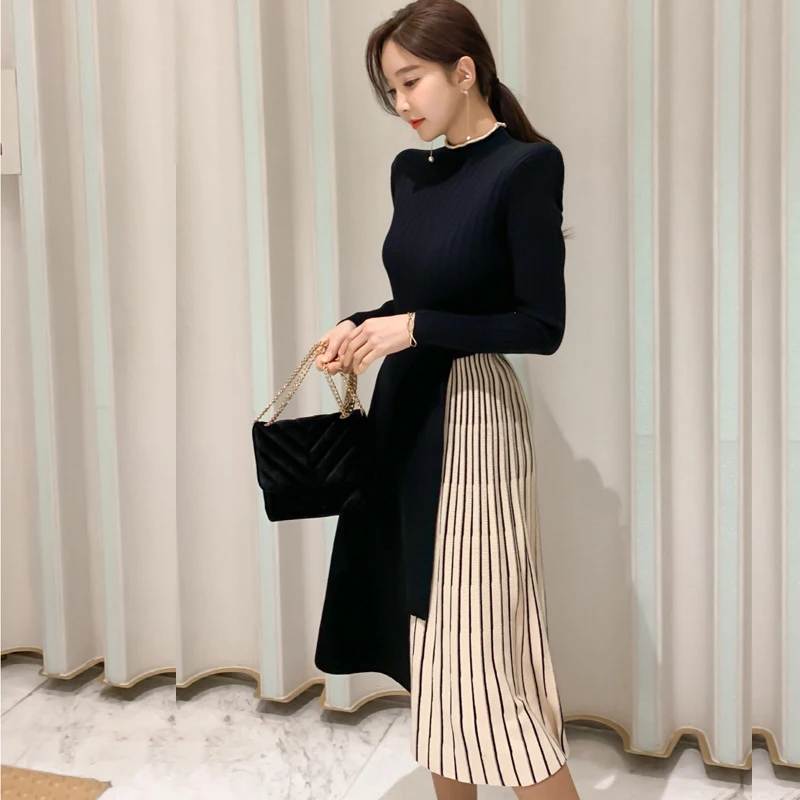 

new arrival fashion women elegant office lady work style high quality winter thick warm knit elastic patchwork a-line dress