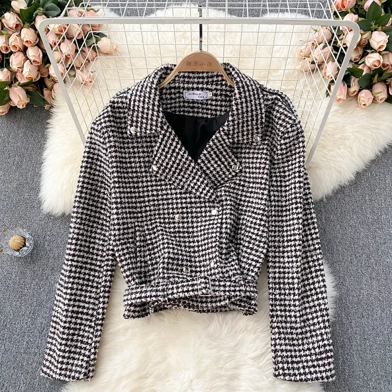 

Fall 2021 New French Retro Double-breasted Temperament Lapel Houndstooth High-waist Short Fashionable Blazer KK1280