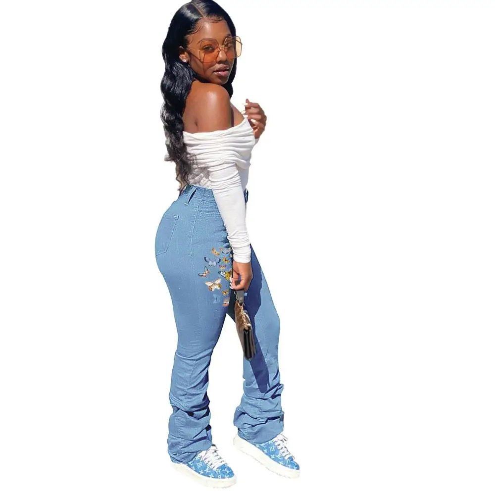 

Butterfly Printing Women Plus Size Stacked Jeans Autumn Hot Selling Lady Streetwear High Waist Skinny Pleated Denim Trousers